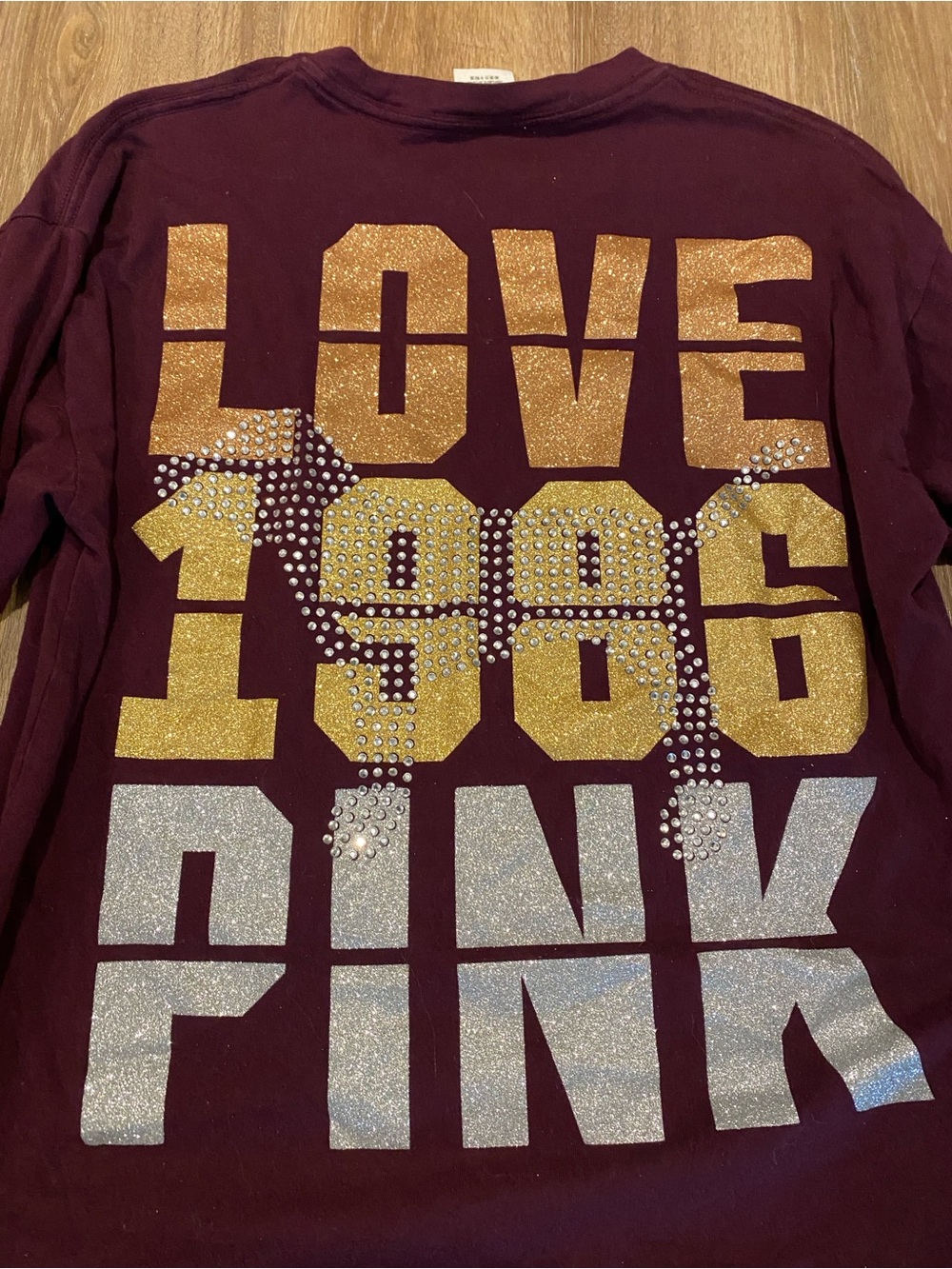 PINK Victoria's Secret Maroon Long Sleeve Tee with Gold and Silver Glitter
